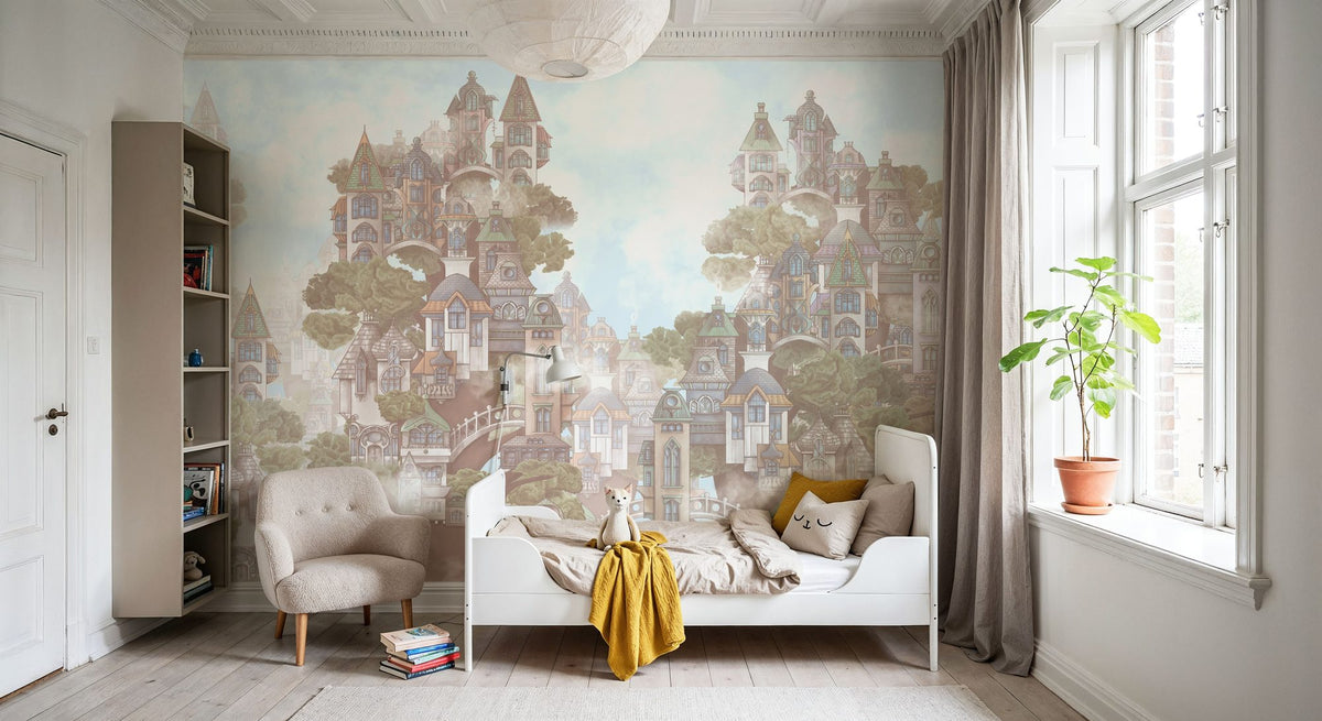 Treehouse Neighborhood Warm Pastel Mural Wallpaper - room preview 05