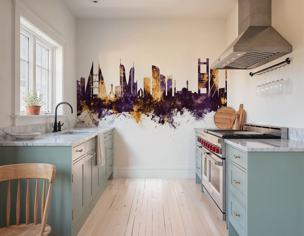 Manama Skyline Purple & Gold Mural Wallpaper - room preview 05