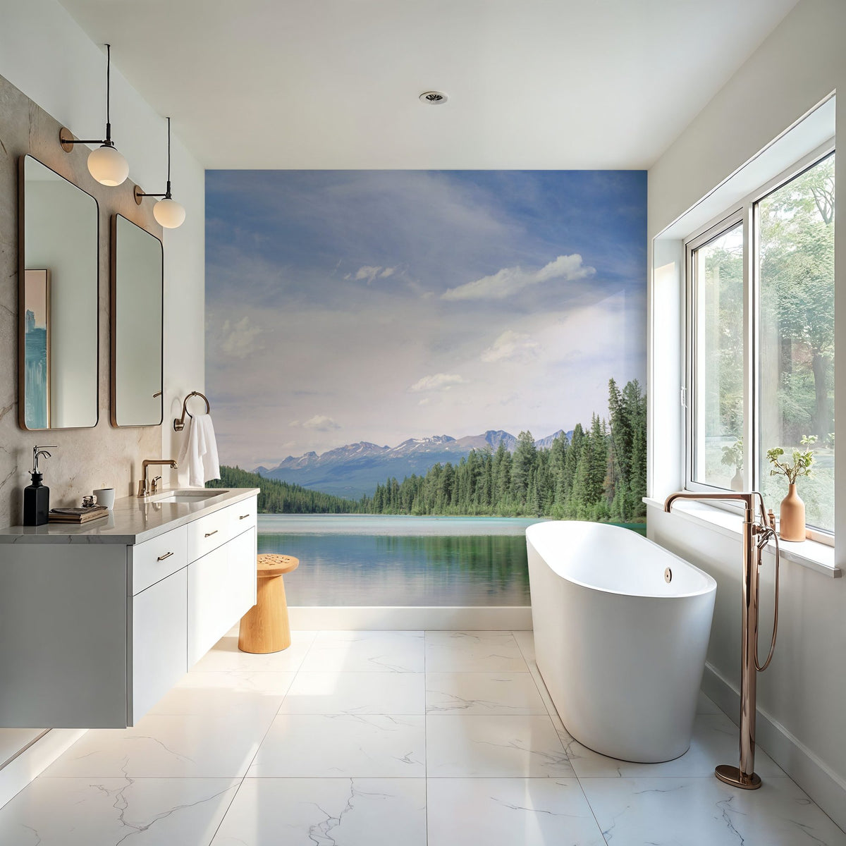Mountain Mirror Lake Mural Wallpaper - Neutral Tone - room preview 05
