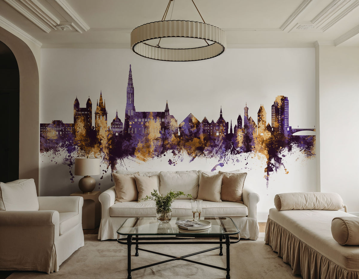 Ulm Germany Skyline Purple & Gold Mural Wallpaper - room preview 05