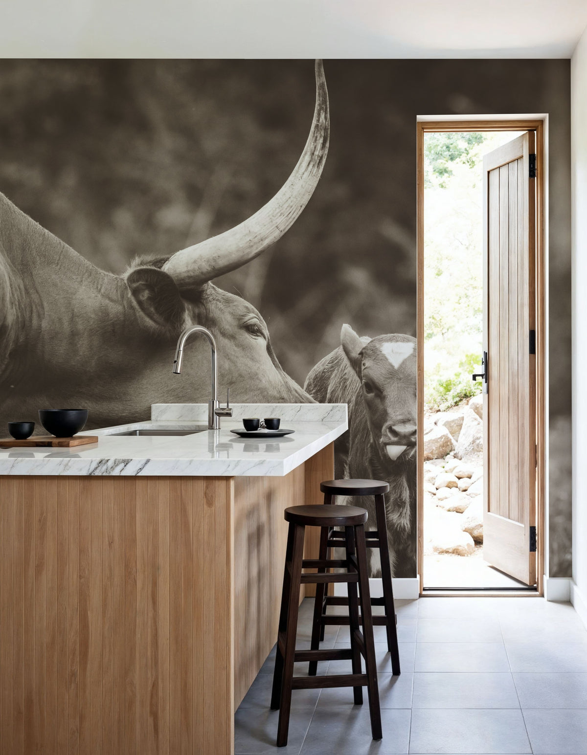Longhorn Pasture Pair Sepia Mural Wallpaper - room preview 05