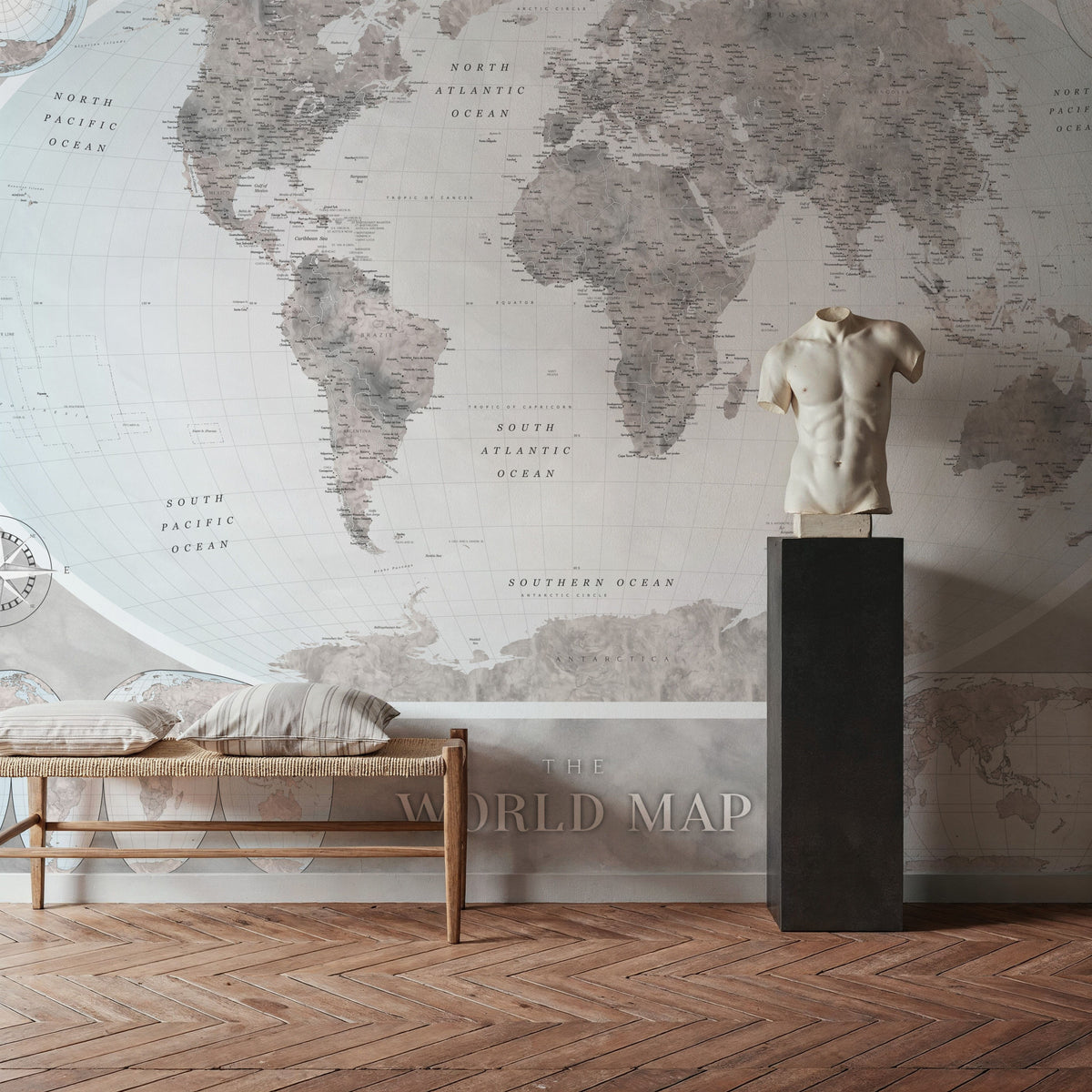 World Map Atlas Gray Mural Wallpaper - room preview 05