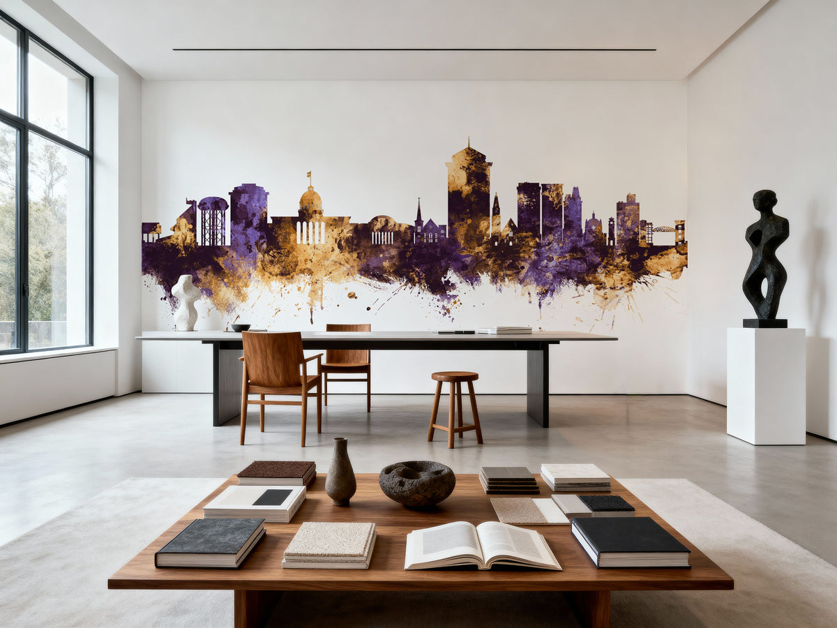 Montgomery Alabama Skyline Purple & Gold Mural Wallpaper - room preview 05