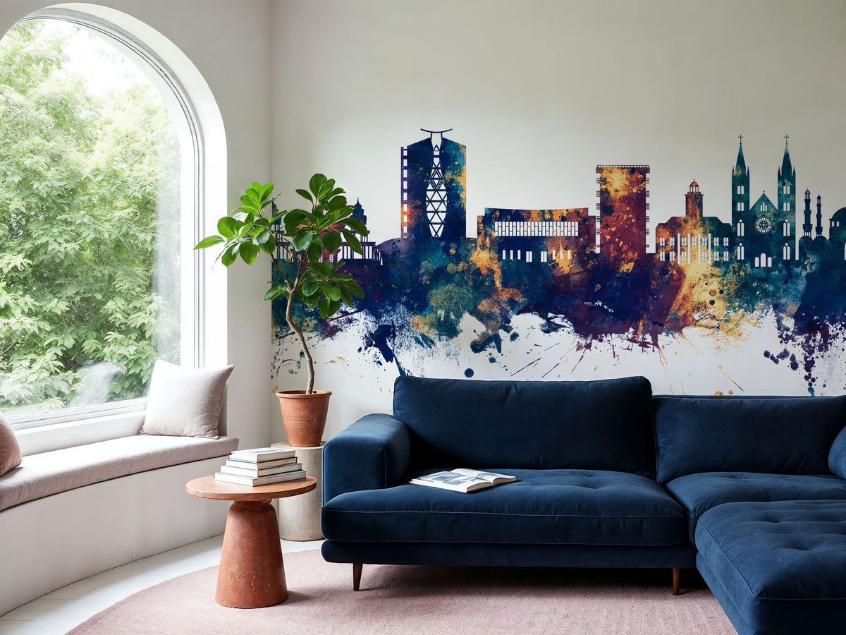 Paramaribo Suriname Skyline Blue & Bronze Mural Wallpaper - room preview 05