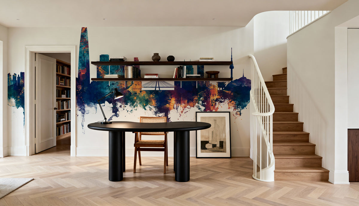 Seoul Skyline Blue & Bronze Mural Wallpaper - room preview 05
