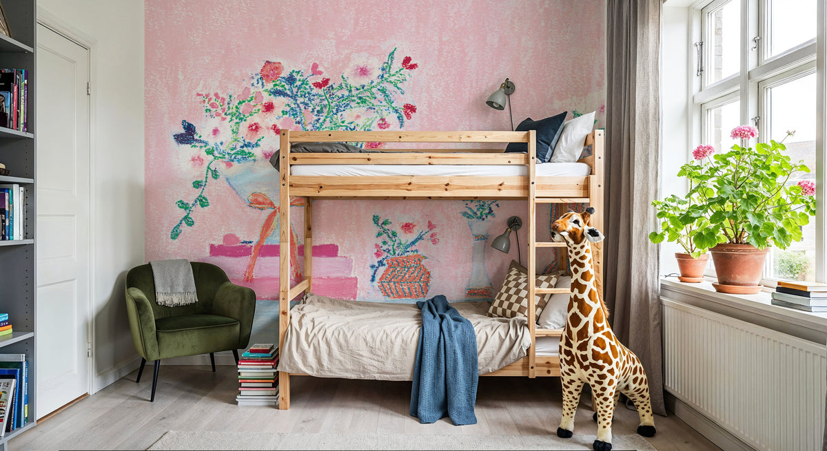 Flower Vases and Books Pink Mural Wallpaper - room preview 05