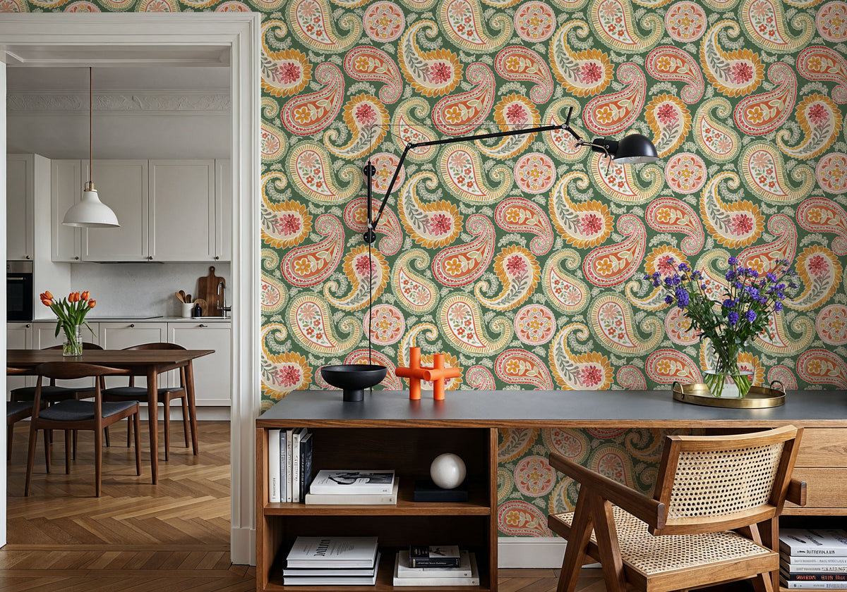 Harvest Paisley Green Mural Wallpaper - room preview 05