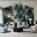 Foggy Lush Forest with Dense Trees Mural Wallpaper - room preview 05
