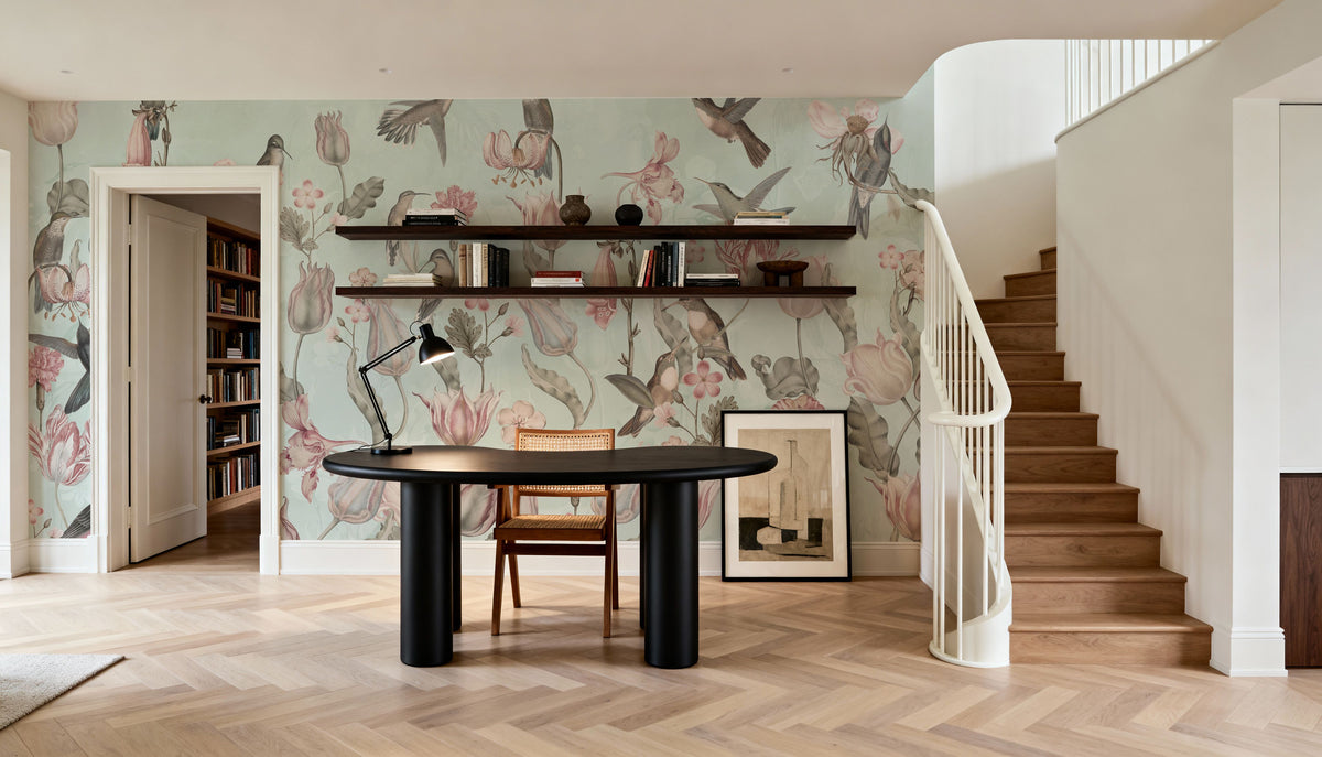 Tulips & Birds, Pistachio Mural Wallpaper - room preview 05