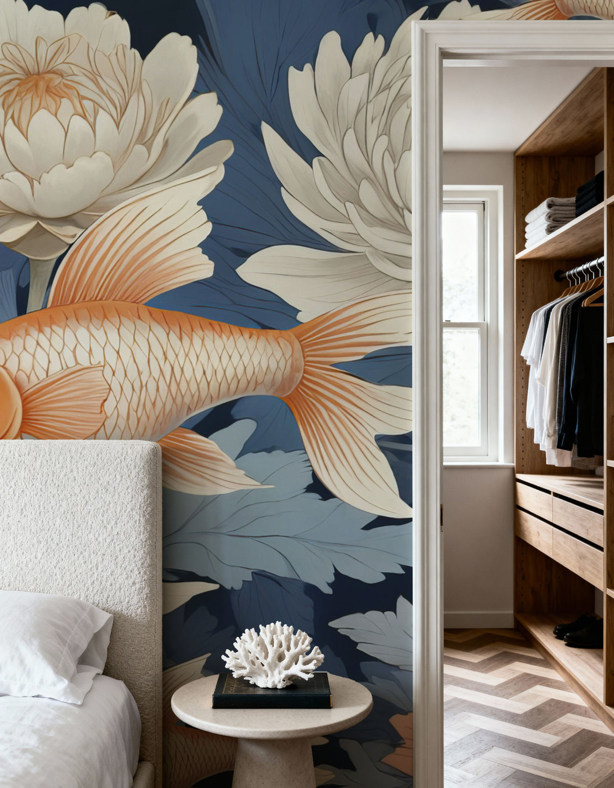 Dancing Fish, Orange on Blue Mural Wallpaper - room preview 05