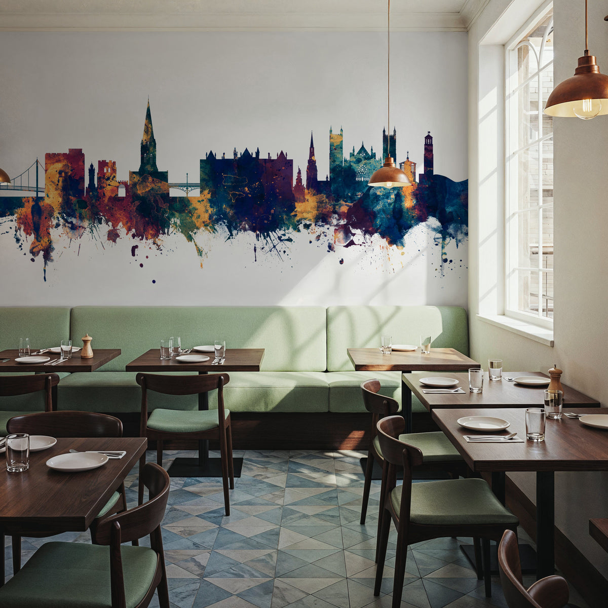 Exeter England Skyline Blue & Bronze Mural Wallpaper - room preview 05