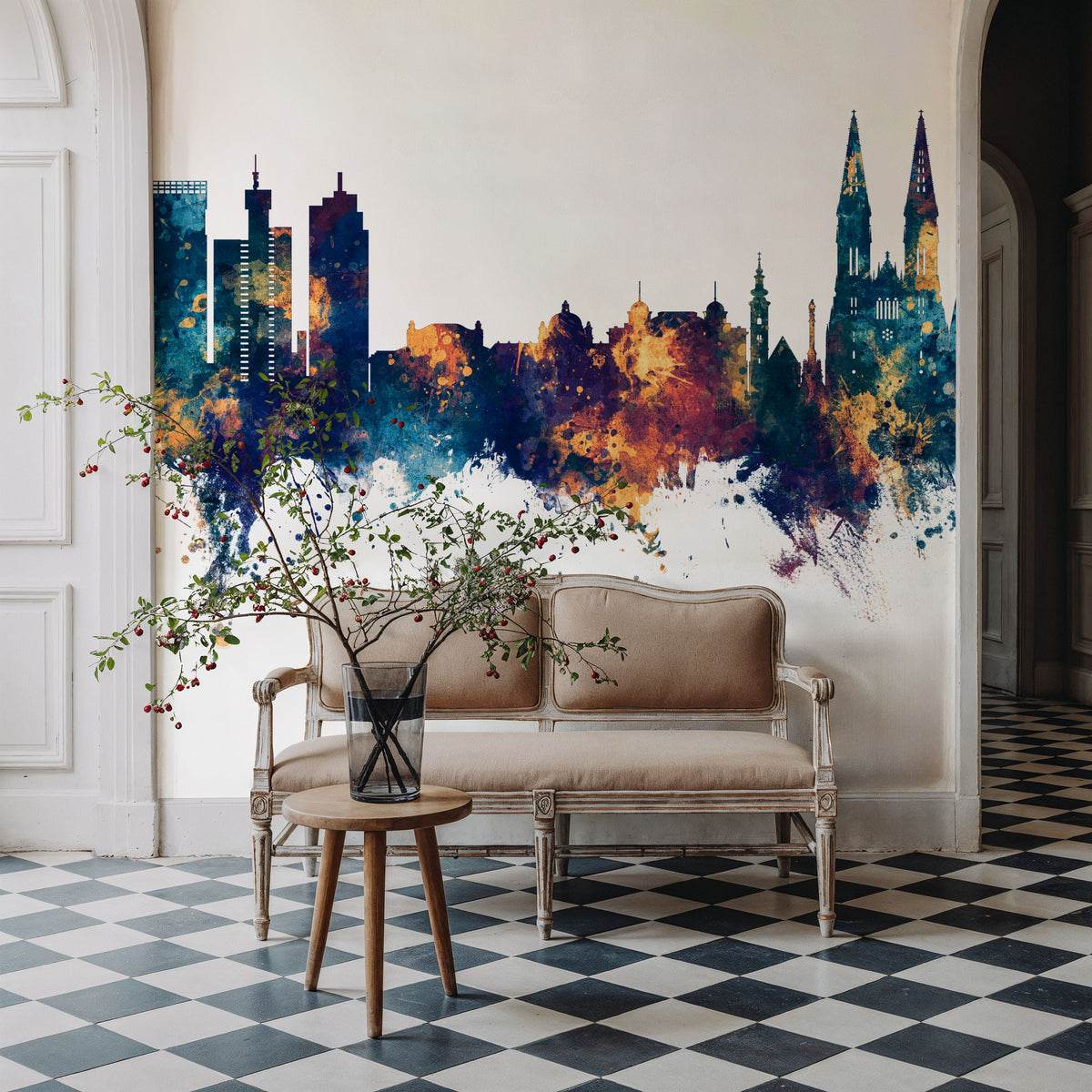 Zagreb Croatia Skyline Blue & Bronze Mural Wallpaper - room preview 05