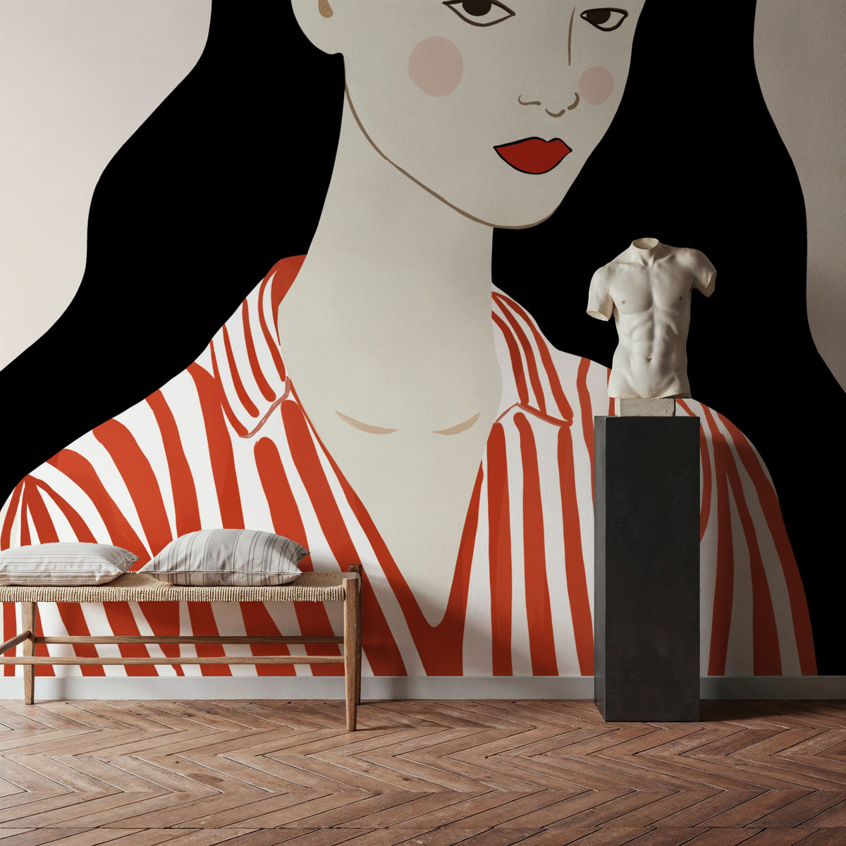Woman in Striped Blouse I Mural Wallpaper - room preview 05