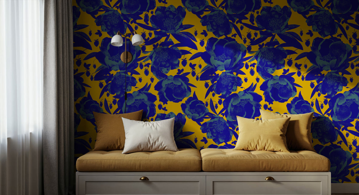Pop Peonies, Yellow & Blue Mural Wallpaper - room preview 05