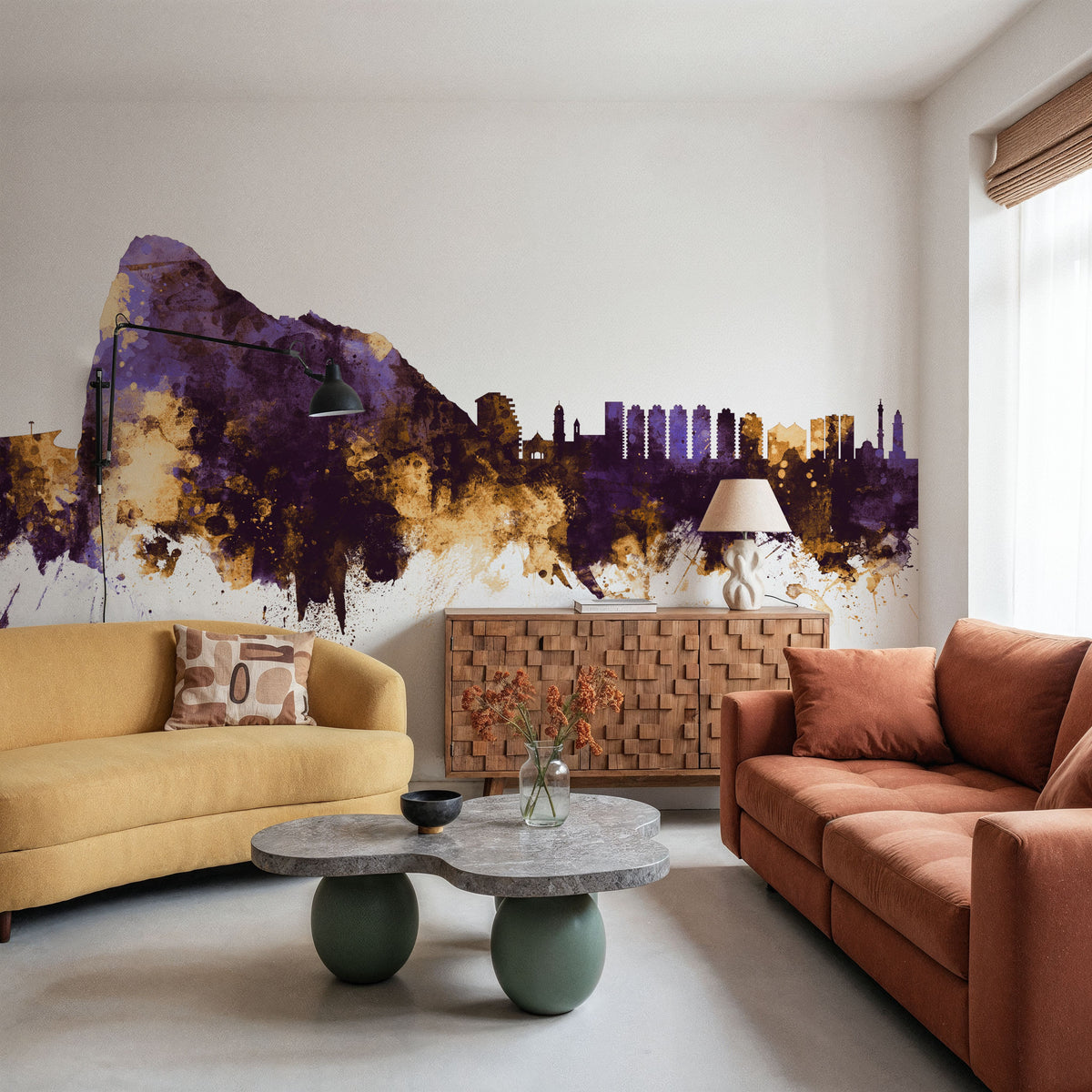 Gibraltar Skyline Purple & Gold Mural Wallpaper - room preview 05