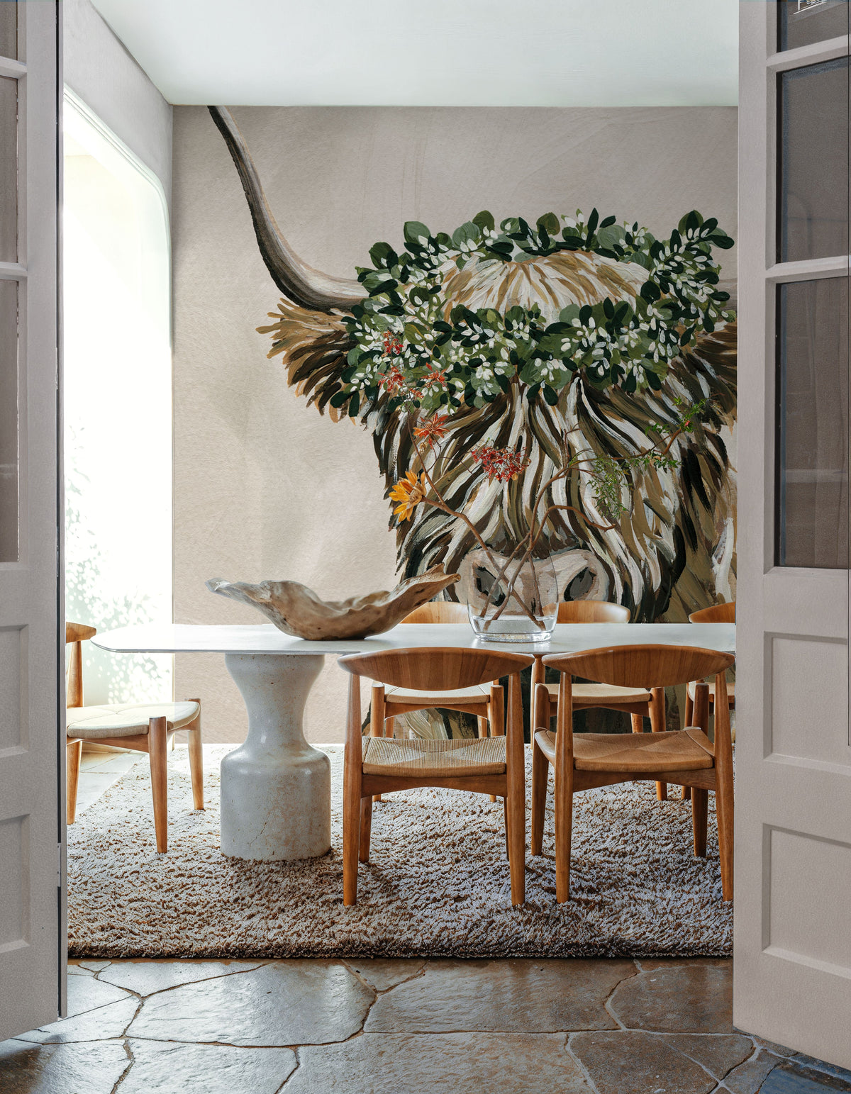 Harvest Cow Sage Square Mural Wallpaper - room preview 05