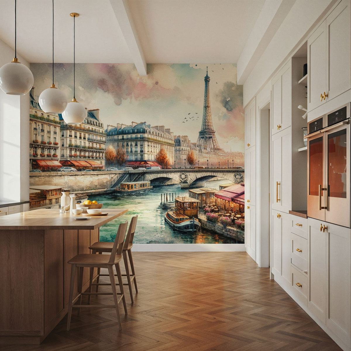 Parisian River Scene with Eiffel Tower Mural Wallpaper - room preview 05