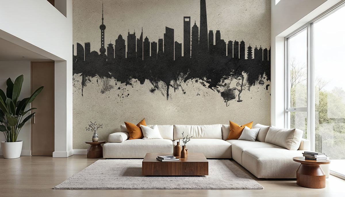 Shanghai China Skyline Concrete Mural Wallpaper - room preview 05