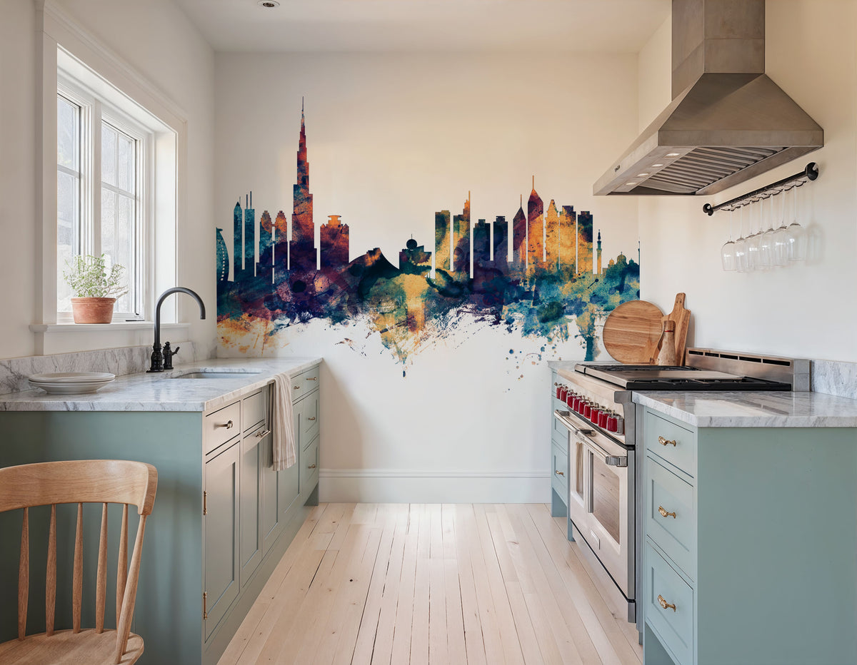 Dubai Skyline Blue & Bronze Mural Wallpaper - room preview 05