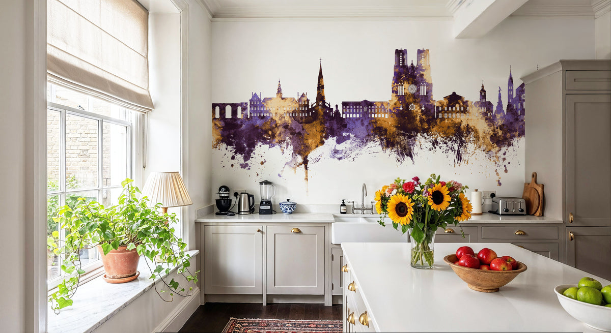 Reims France Skyline Purple & Gold Mural Wallpaper - room preview 05