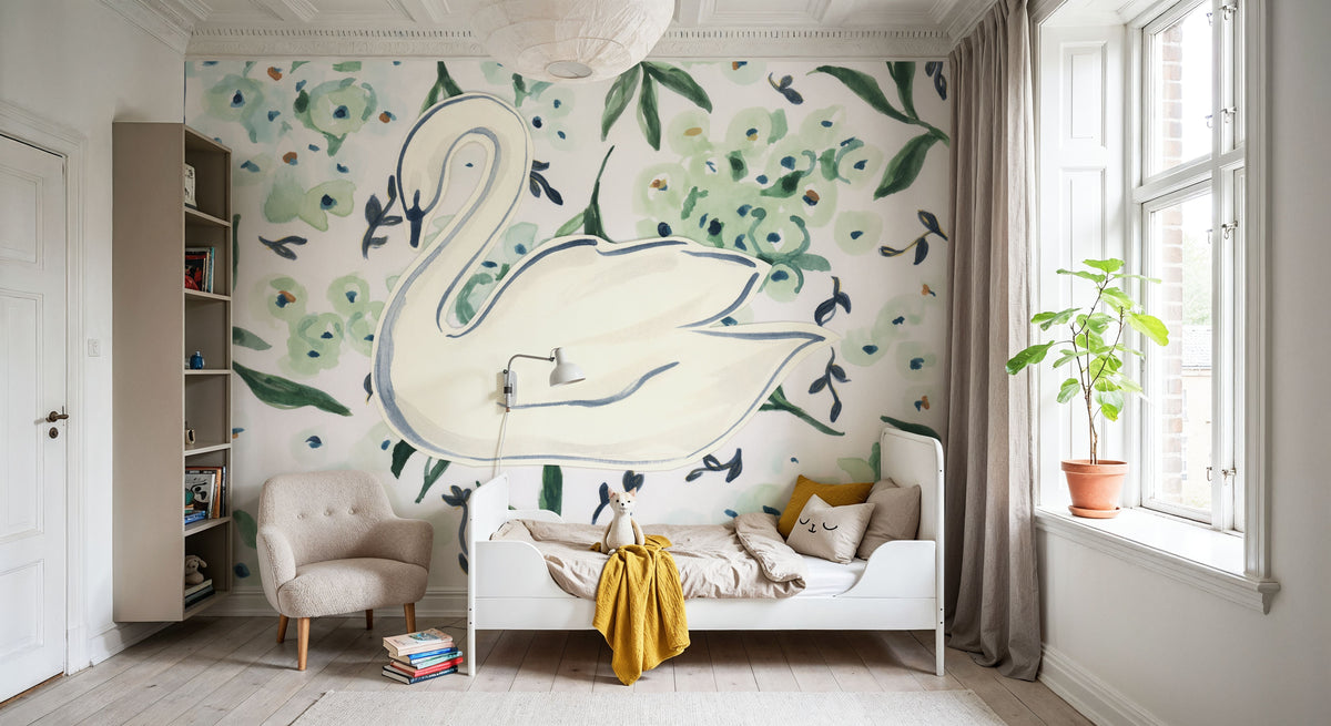 Green Hydrangea Swan Mural Wallpaper - room preview 05