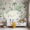Green Hydrangea Swan Mural Wallpaper - room preview 05
