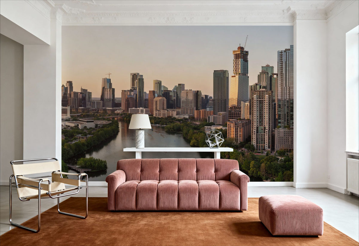 Riverside Skyscrapers Golden Metropolis Mural Wallpaper - room preview 05