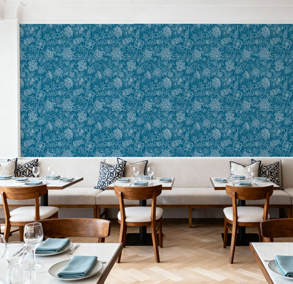 Kala Flowers White on Blue Mural Wallpaper - room preview 05