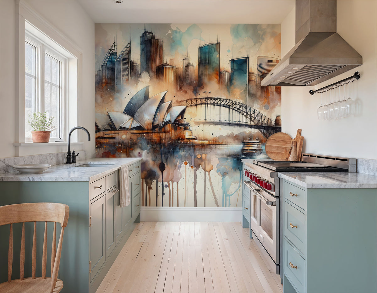 Watercolor Skyline Sydney Mural Wallpaper - room preview 05