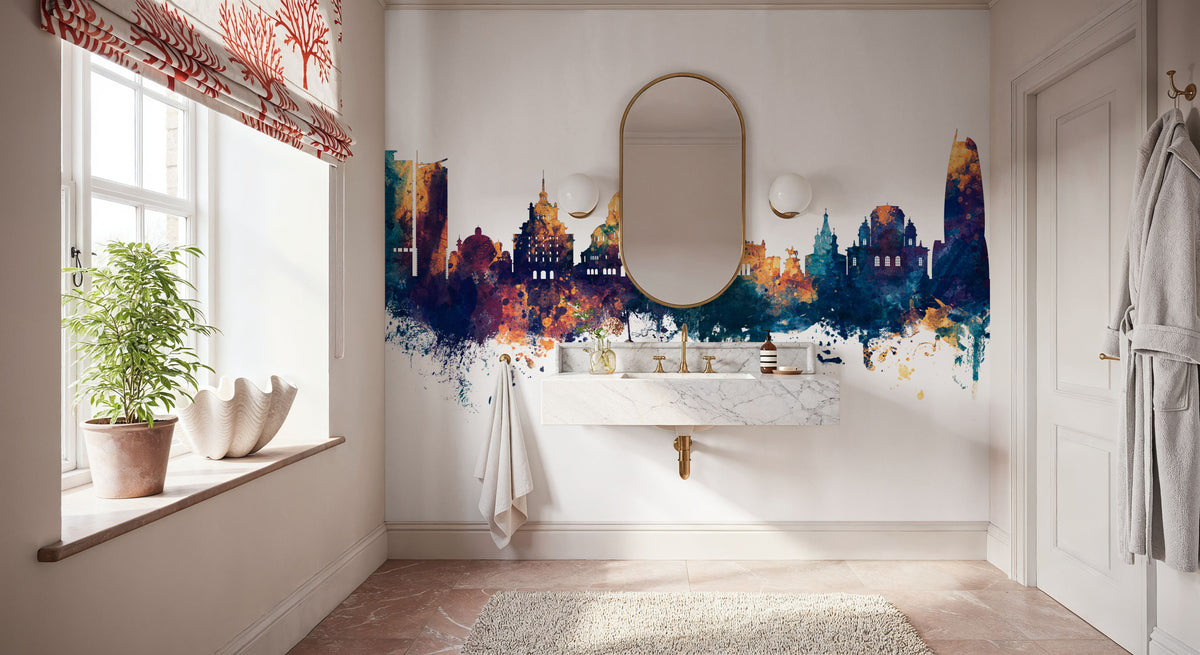 Sofia Bulgaria Skyline Blue & Bronze Mural Wallpaper - room preview 05