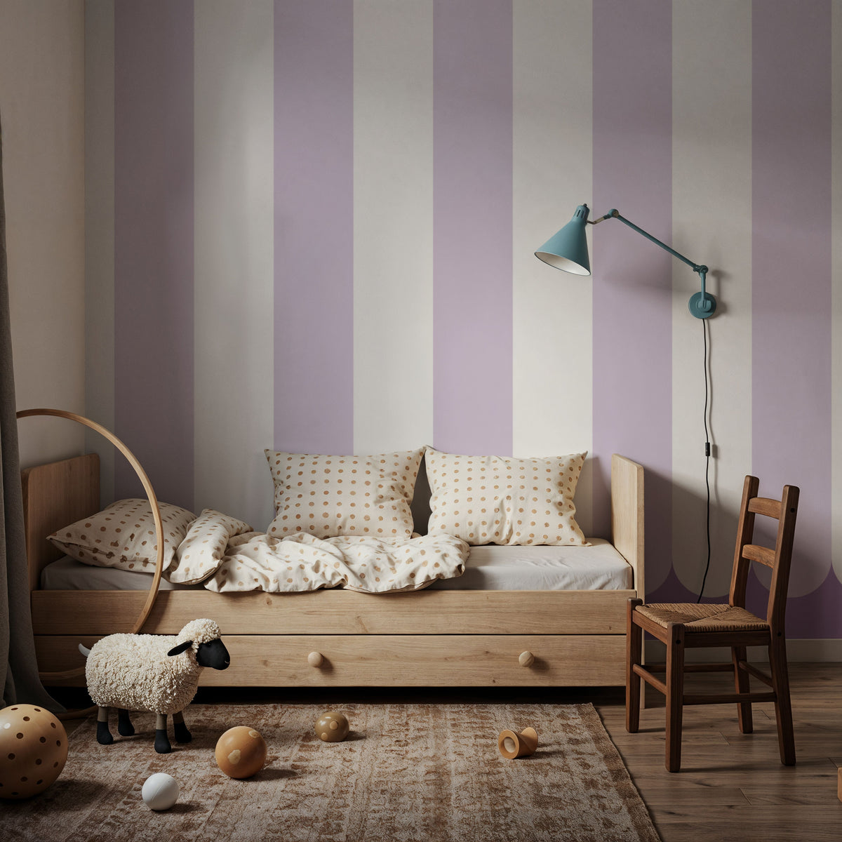 Scalloped Circus Stripes, Lavender Mural Wallpaper - room preview 05