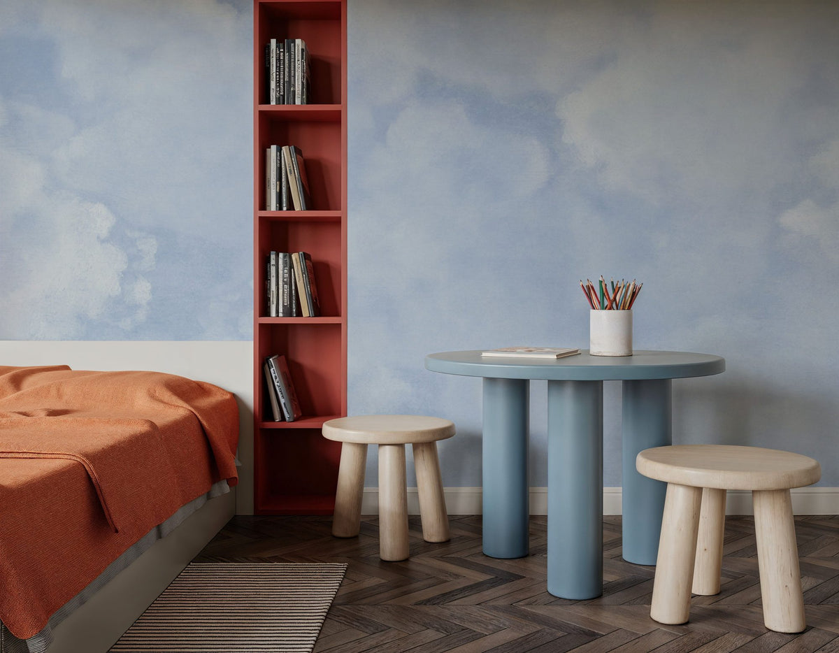 Painted Dreamy Clouds, Bright Blue Mural Wallpaper - room preview 05