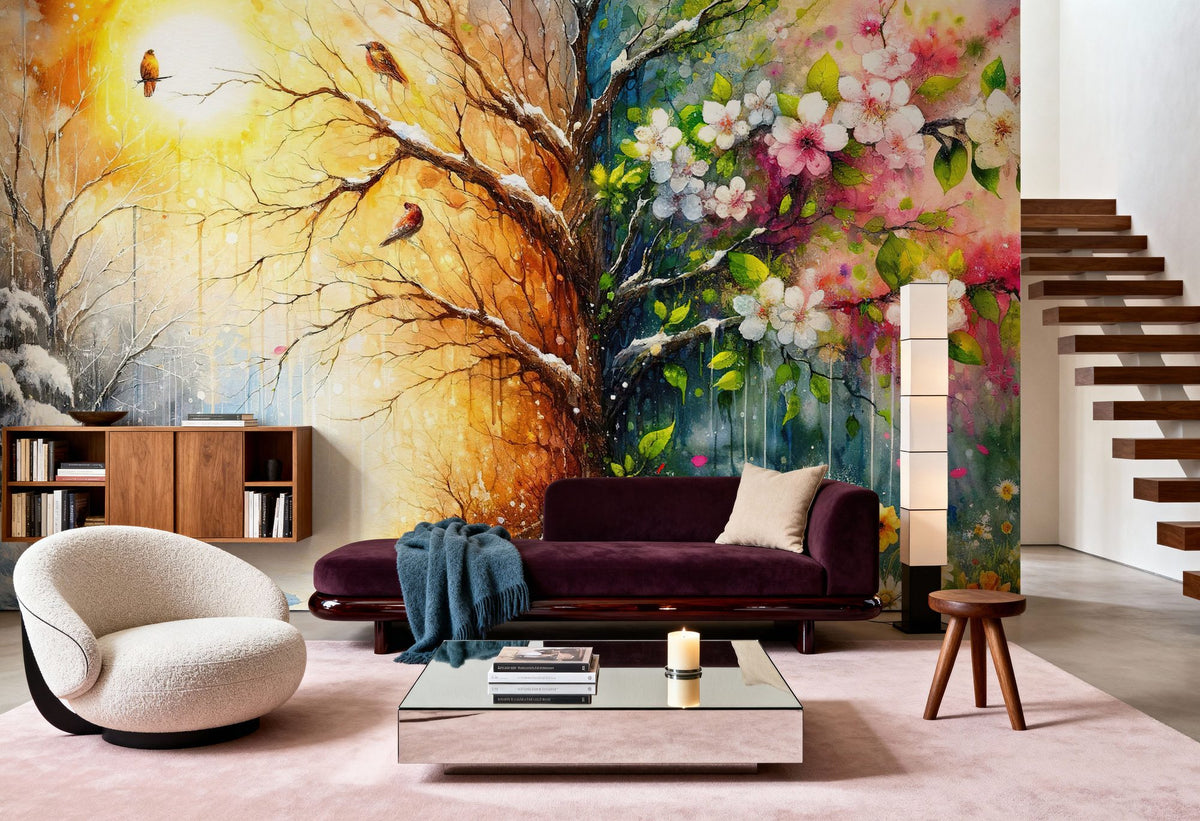 From Winter to Summer in Watercolor Mural Wallpaper - room preview 05