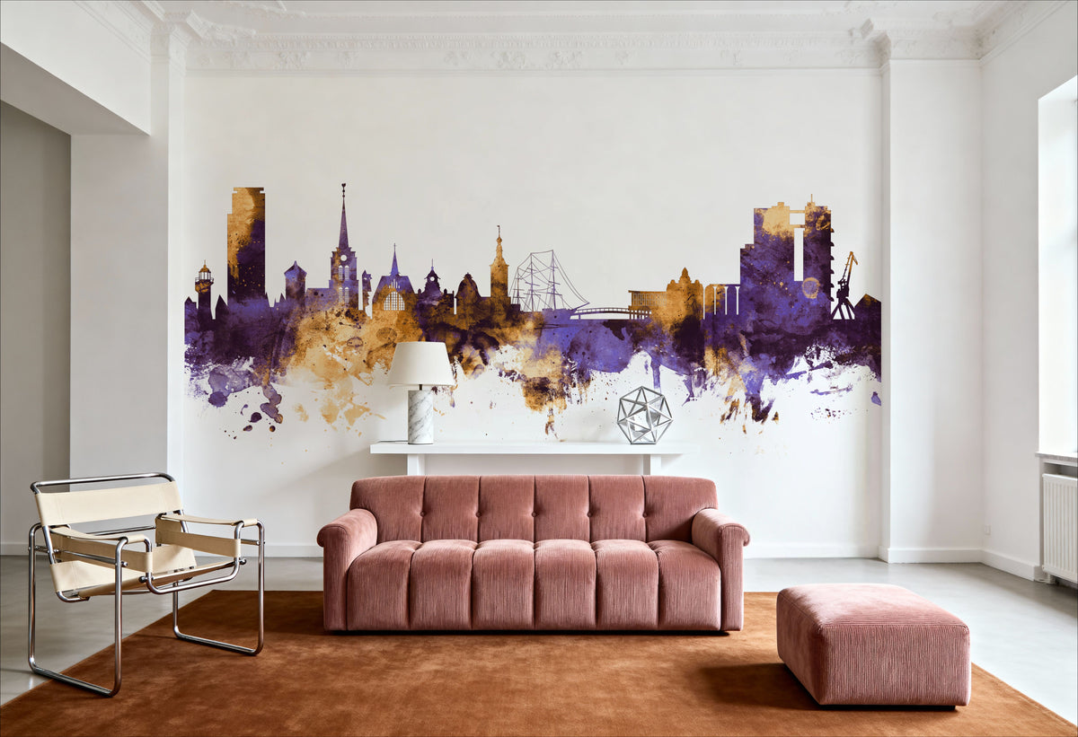 Halmstad Sweden Skyline Purple & Gold Mural Wallpaper - room preview 05