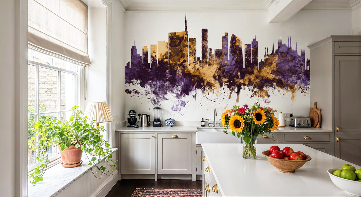 Milan Italy Skyline Purple & Gold Mural Wallpaper - room preview 05