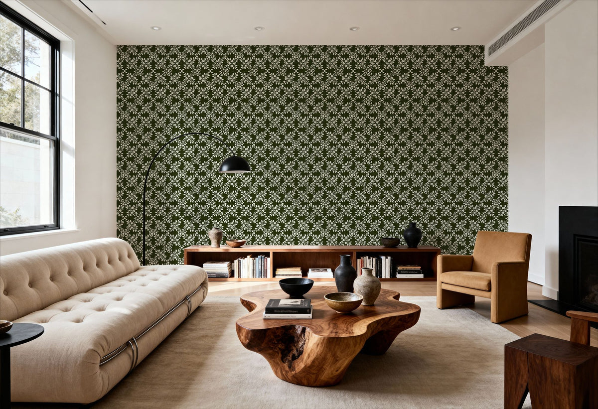 Trellis Leaves, Forest Green Mural Wallpaper - room preview 05