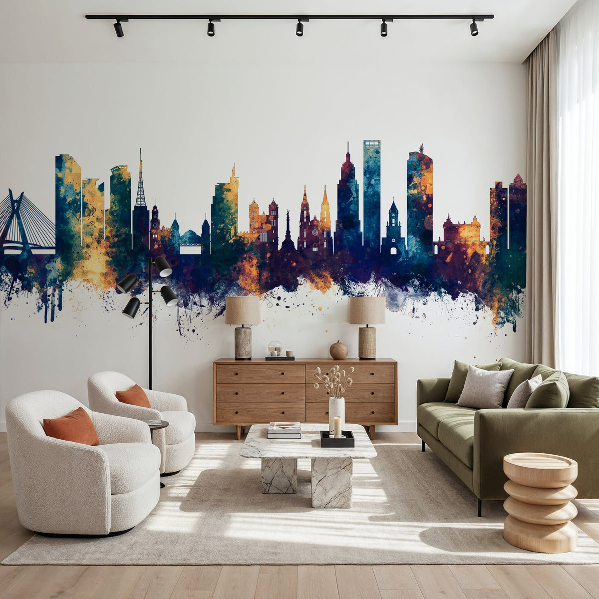 São Paulo Brazil Skyline Blue & Bronze Mural Wallpaper - room preview 05
