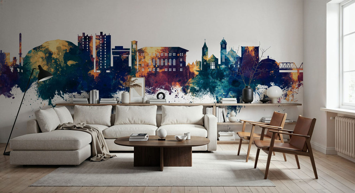 Cedar Falls Iowa Skyline Blue & Bronze Mural Wallpaper - room preview 05