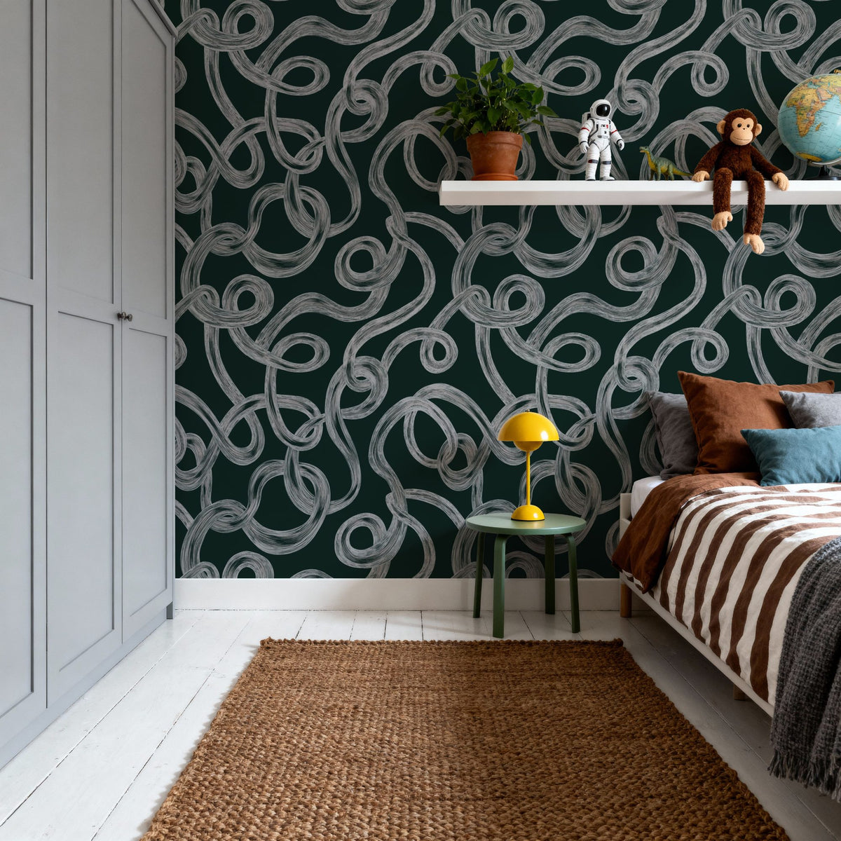 Swirl, White on Dark Foliage Mural Wallpaper - room preview 05