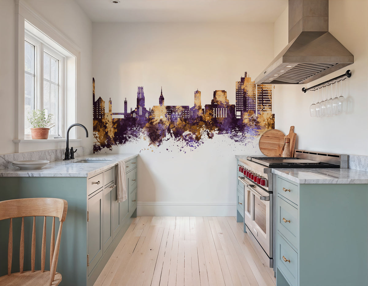 Duisburg Germany Skyline Purple & Gold Mural Wallpaper - room preview 05