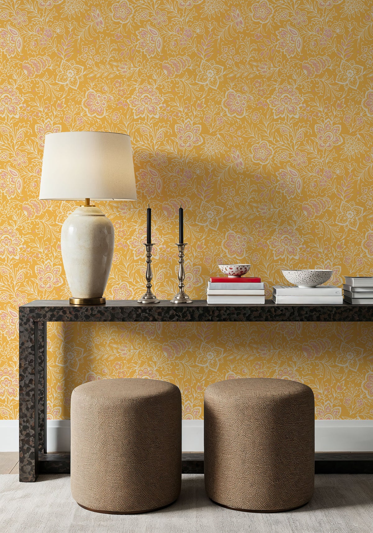 Kala Flowers White on Yellow Mural Wallpaper - room preview 05