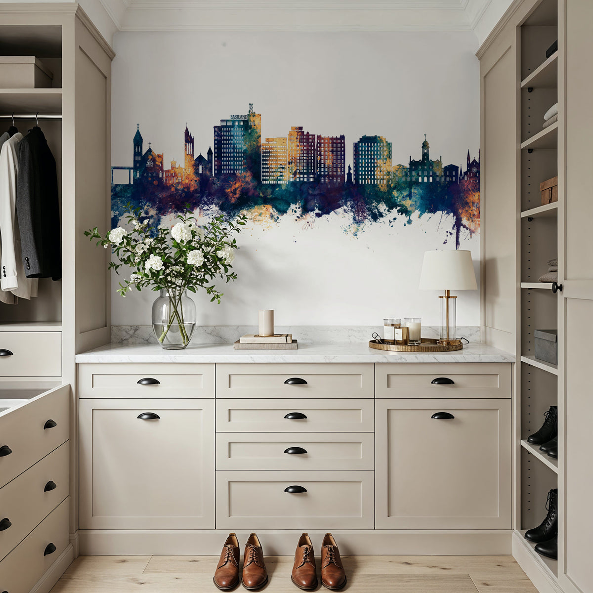 Portland Maine Skyline Blue & Bronze Mural Wallpaper - room preview 05