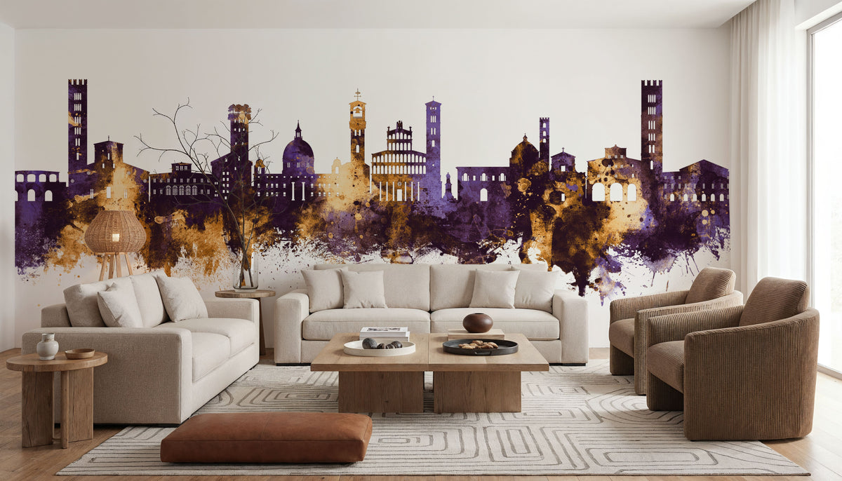 Lucca Italy Skyline Purple & Gold Mural Wallpaper - room preview 05