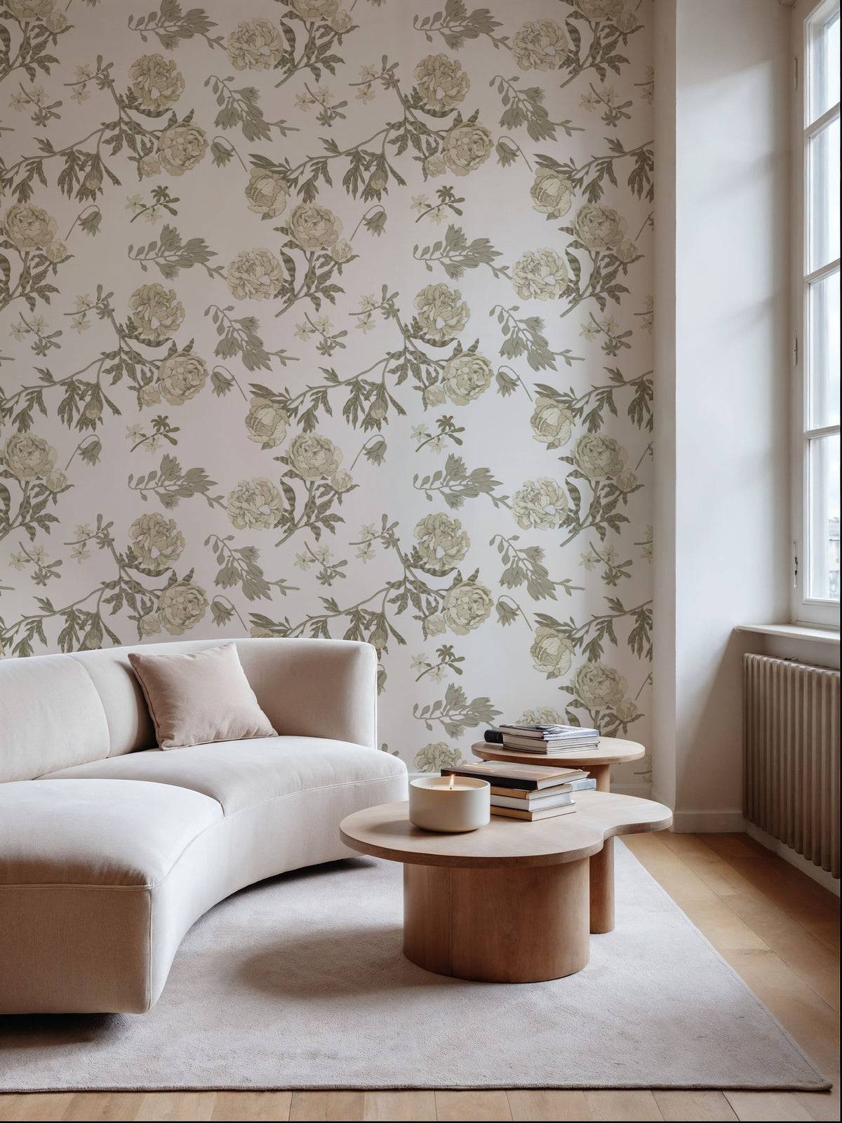 Peony Passion, Khaki on White Mural Wallpaper - room preview 05