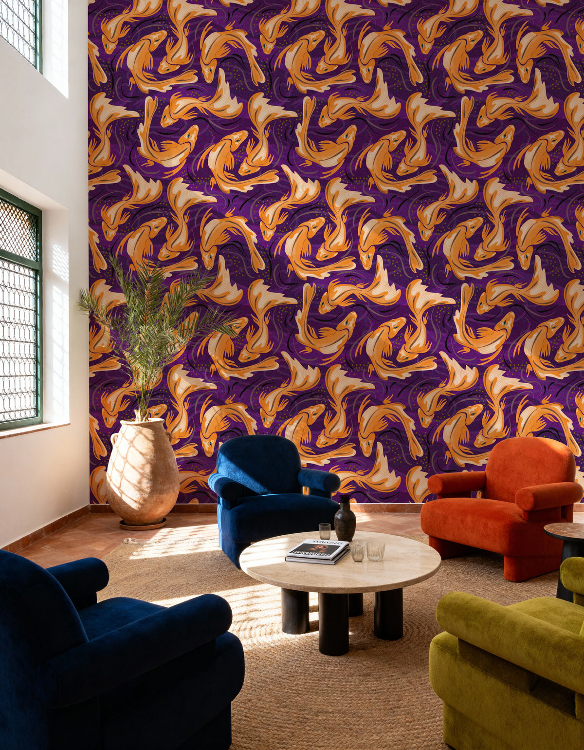 Koi Fish, Purple Mural Wallpaper - room preview 05