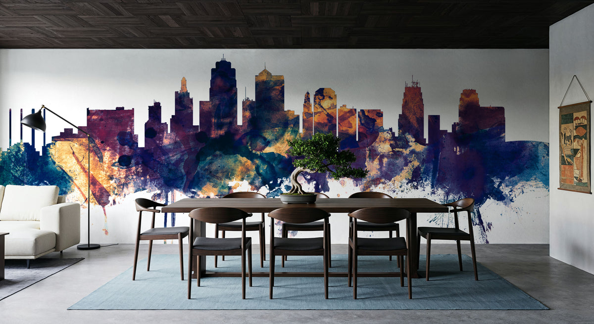 Kansas City Missouri Skyline Blue & Bronze Mural Wallpaper - room preview 05