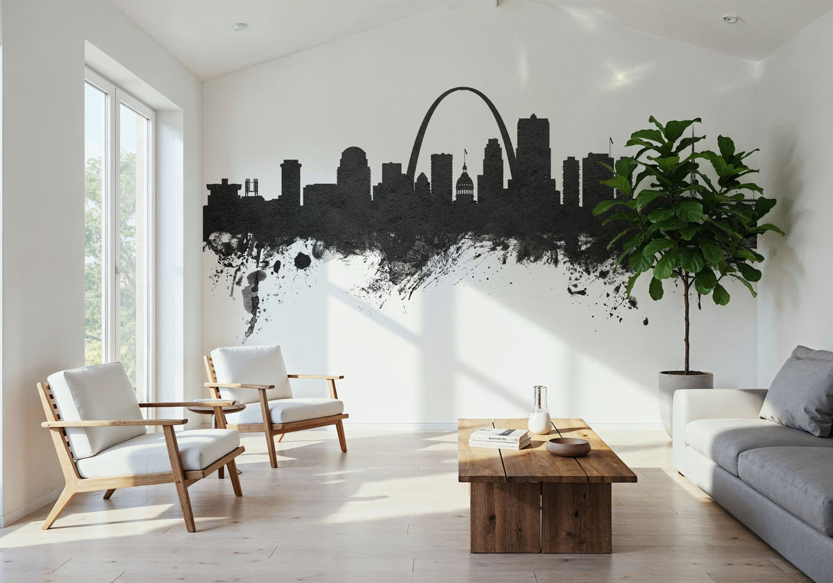 St Louis Missouri Skyline Black & White Mural Wallpaper - room preview 05