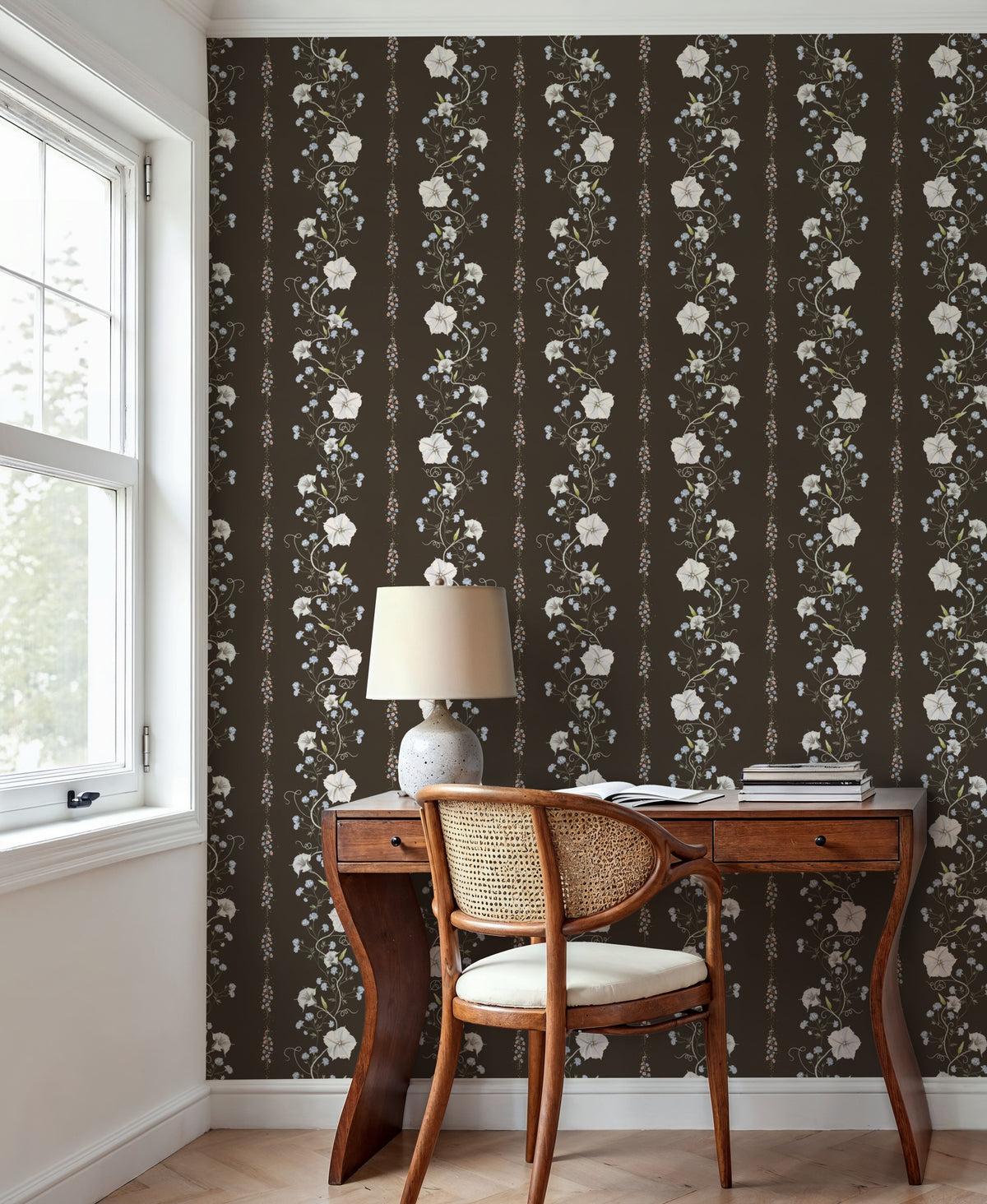 Trailing Flower Stripe, Walnut Mural Wallpaper - room preview 05