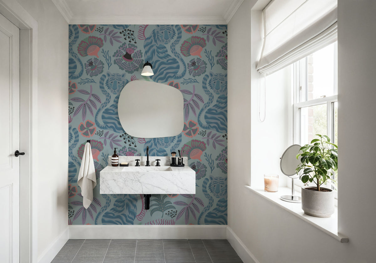 Painterly Tigers Light Blue Mural Wallpaper - room preview 05