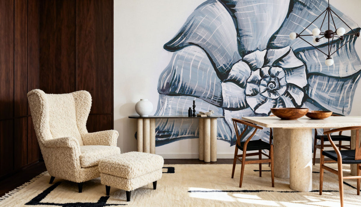 Coastal Harp Shell Navy Mural Wallpaper - room preview 05